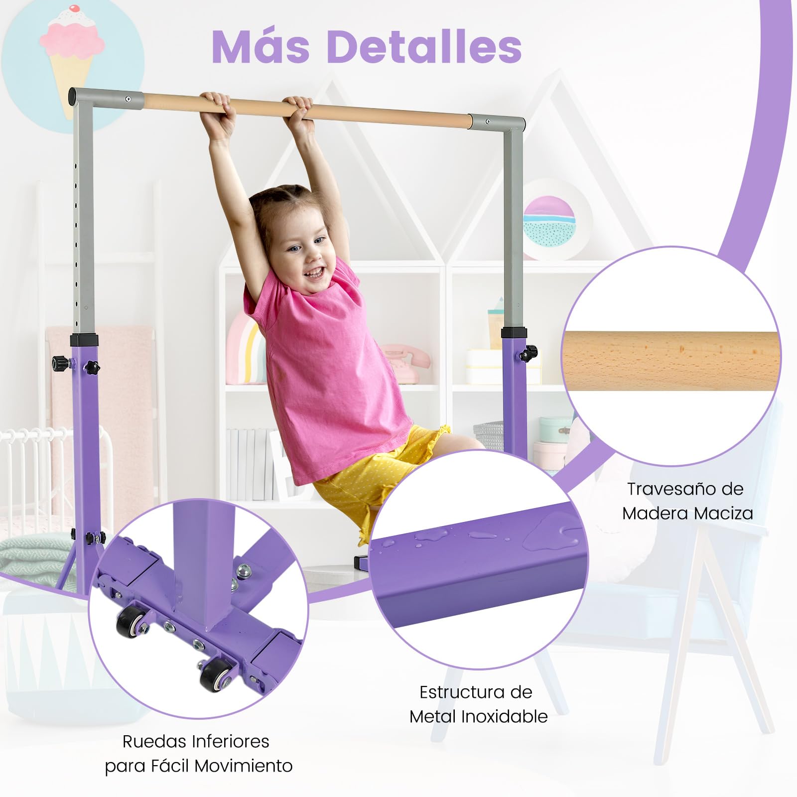 COSTWAY Barra de Gimnasia Plegable para Niños, Barra Horizontal Gimnasia, Alturas Ajustables de 13 Posiciones, Carga 100kg, Casa, Gimnasio