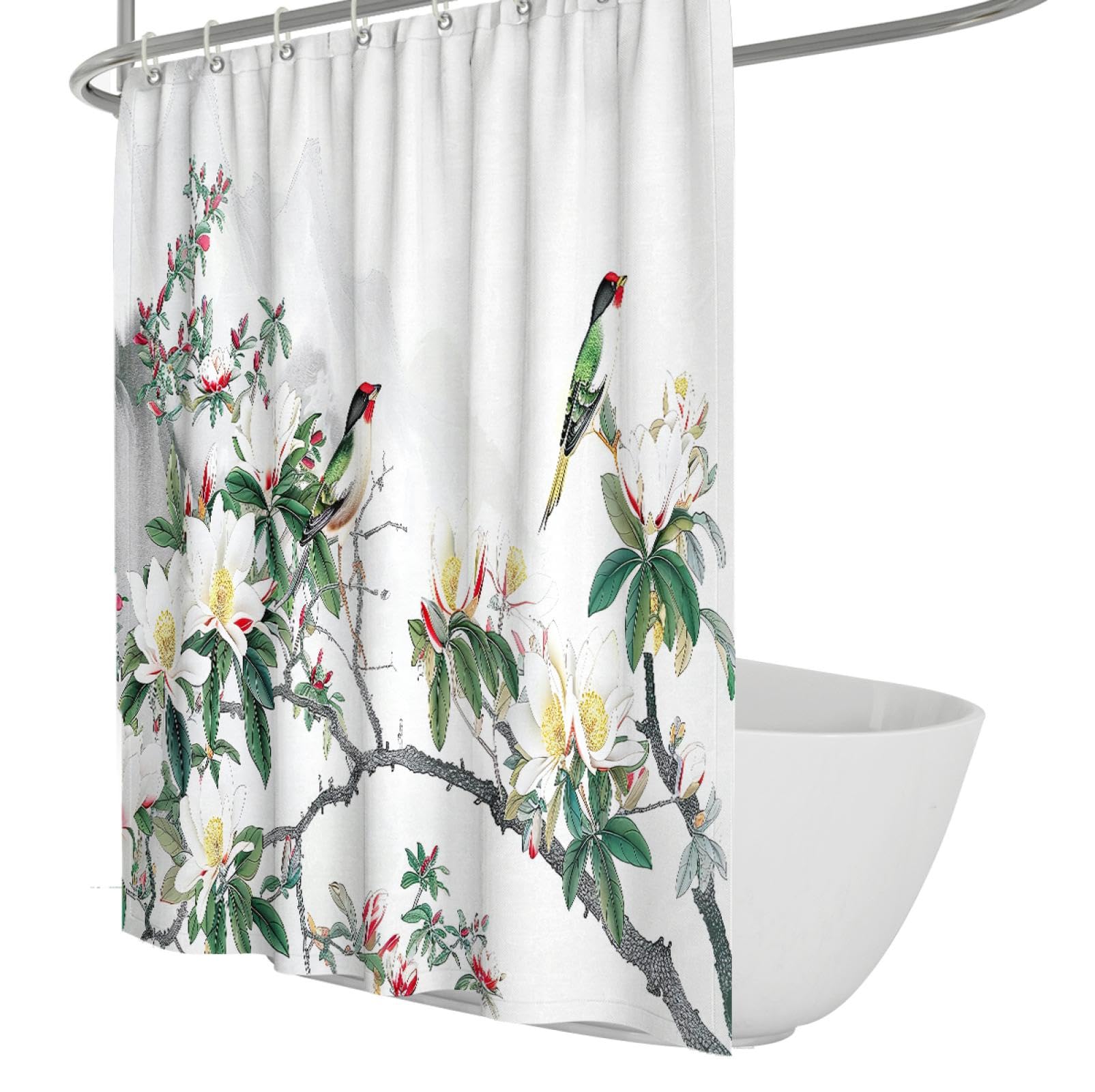 Chinesischer Frühlingsblüten-Duschvorhang Luxus-Badezimmer-Upgrade Maschinenwaschbare Papageien Drucken Weißer Duschvorhang-Liner mit Haken 180x180