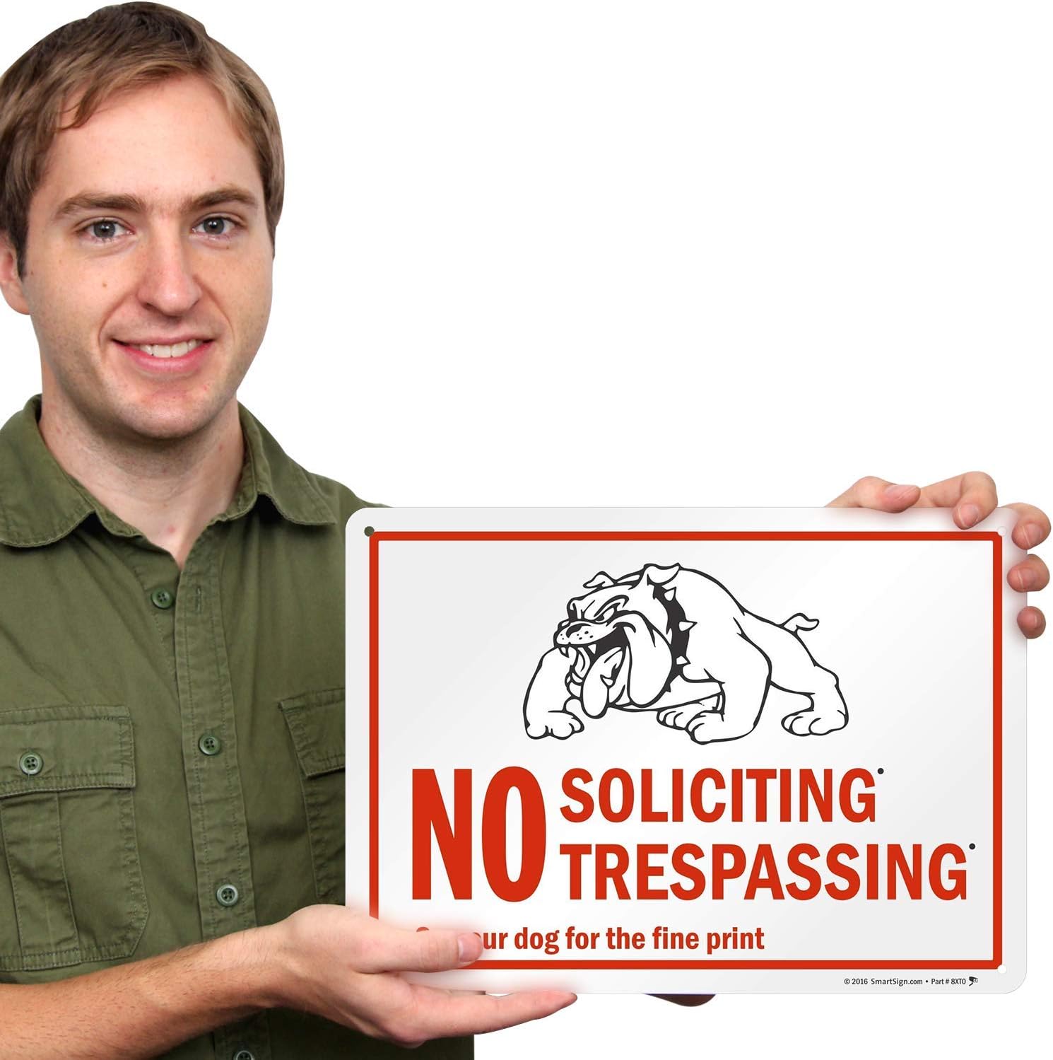 SmartSign 10 x 14 inch Funny “No Soliciting, No Trespassing - See Our Dog for The Fine Print ” Sign, Digital Printing, 55 mil HDPE Plastic, Red, Black and White, Made in USA