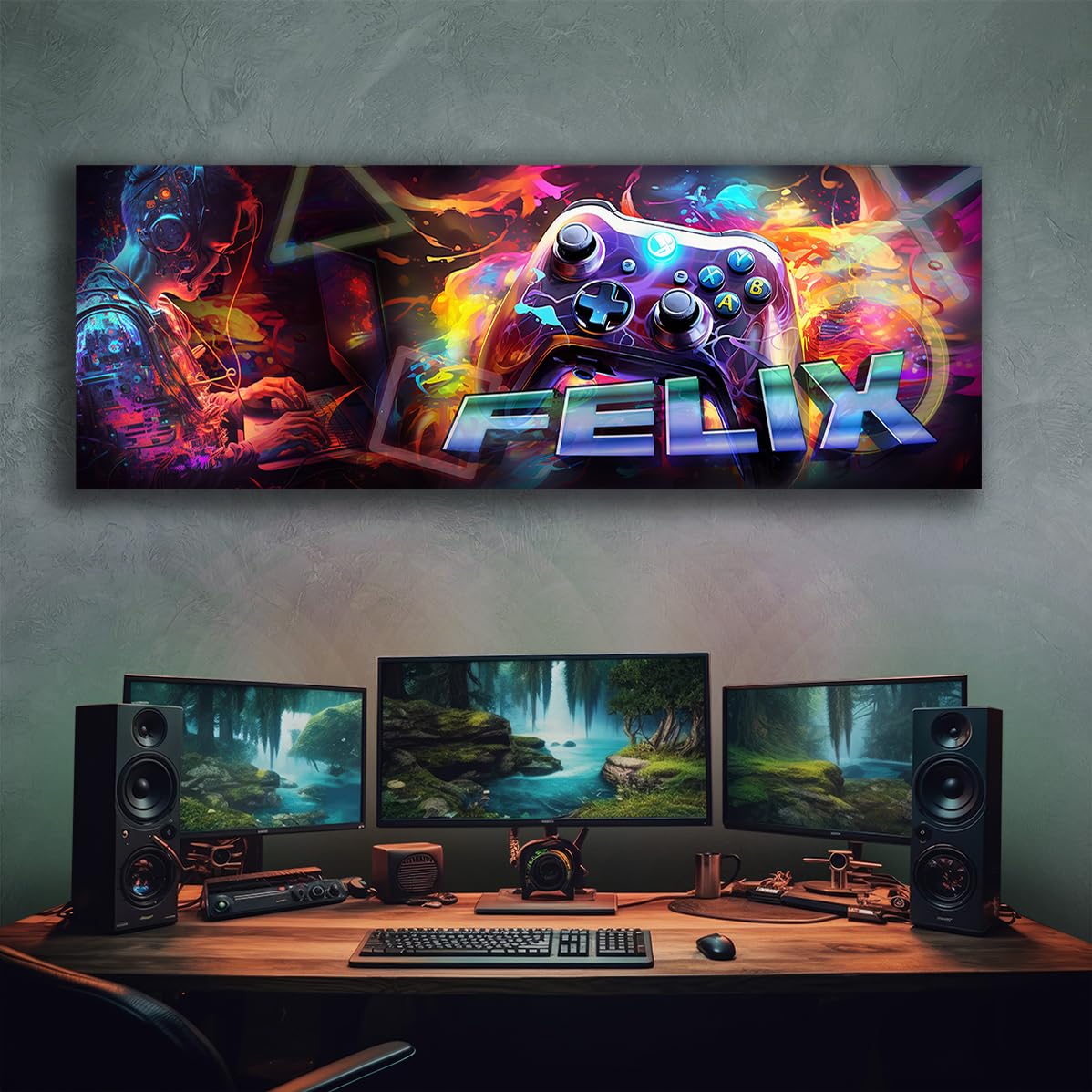 tjapalo® vz61 tableau gamer chambre ado toile prenom personnalisable deco mural chambre garcon deco gaming deco mural chambre ado Poster mural gamer toile gaming (90x30cm)