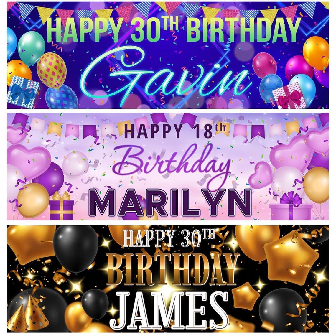 personalised birthday 2ftx6ft outdoor banner Blue Gold Black Pink party custom poster decoration celebration anniversary woman man boy girl children kids gift-18th 20th 30th 40th 50th 60th 70th