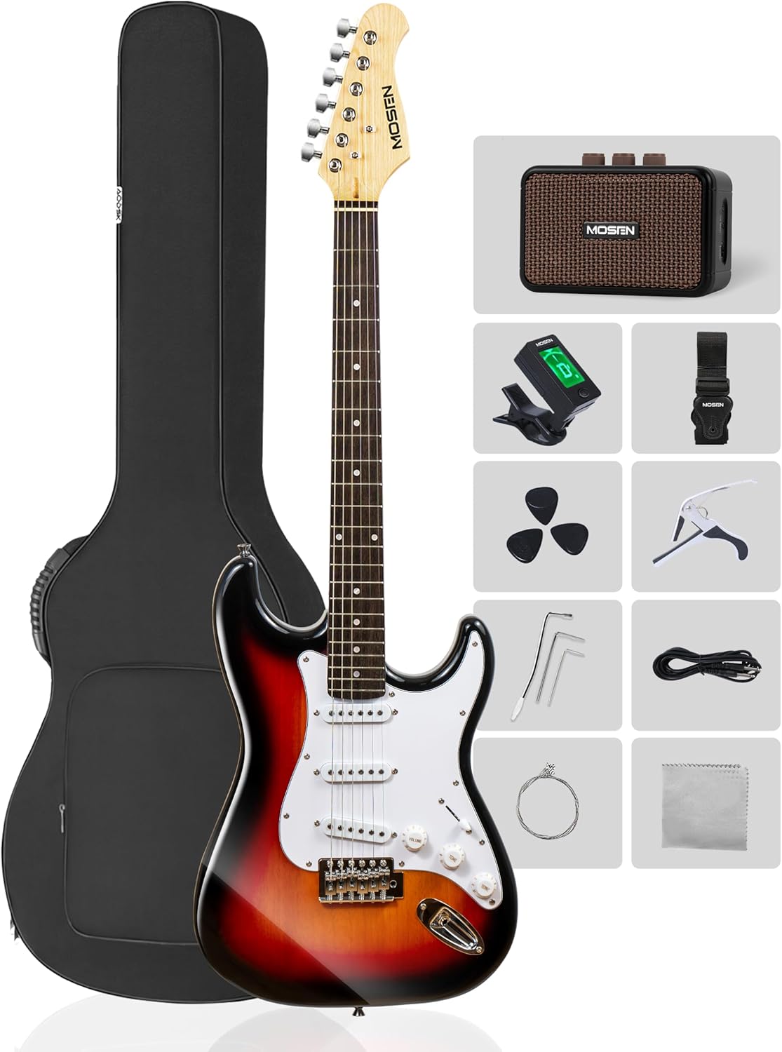 MOSEN MS-CS50 Full Size Beginner Electric Guitar, 39 Inch Solid Body & Maple Neck Guitars Set with Amplifier, SSS Pickups, Gig Bag, Pick, Tunner, Capo, Cable, Tremolo Bars - Sunbrust