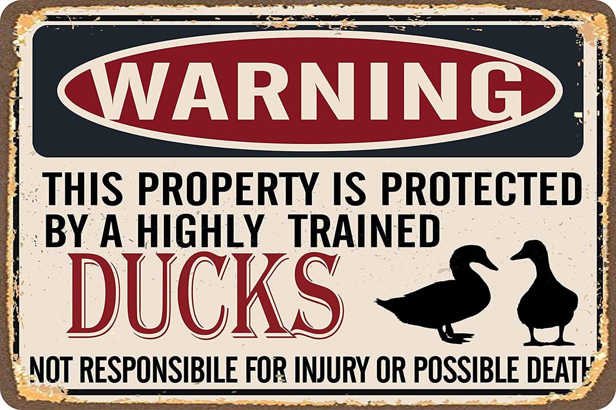 Ensound A4 12"X16" Metal Sign - Warning Property Protected By Ducks - Durable Metal Sign For Wall Decor