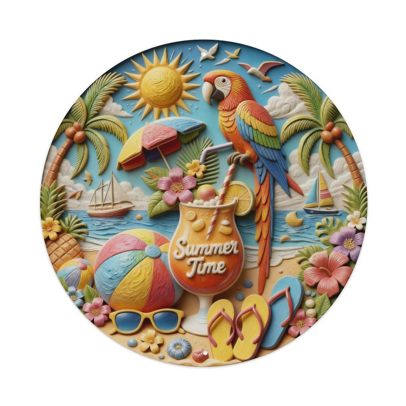Summer Beach Parrot Palm Sun Round Metal Tin Sign Vintage Wall Decor, Bar Garage Cafe Kitchen Home Wall Art Poster 8x8inches