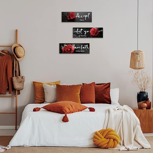Miniatura 4 de 3 piezas de decoración roja de flores, arte de pared de madera inspiradora de rosas rojas, decoración de pared para oficina con aceptar, dejar ir,