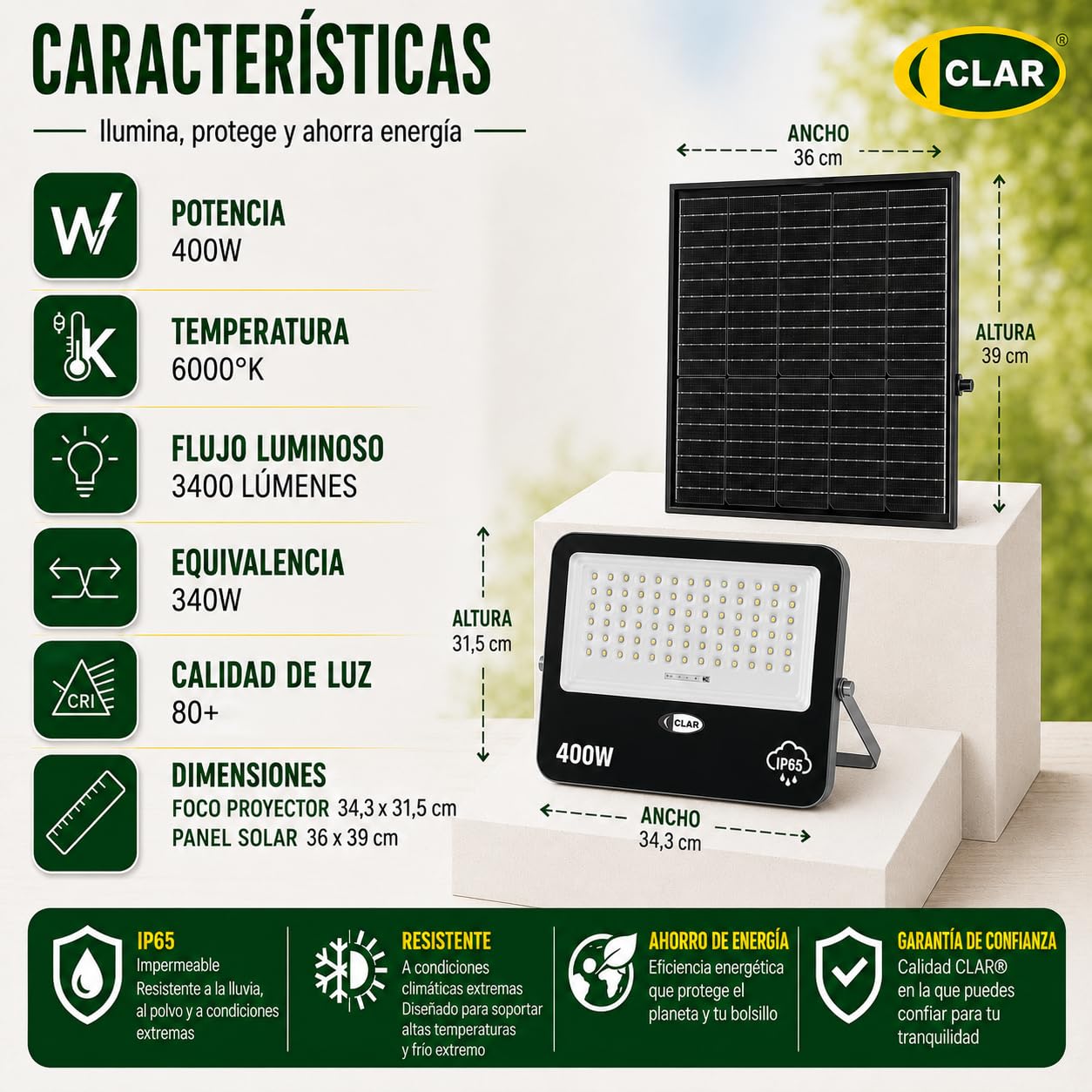 CLAR - Luces Solares LED Exterior Jardin, Focos LED Exterior Solares, Foco Solar Exterior, Mando a Distancia Incluido, 400W