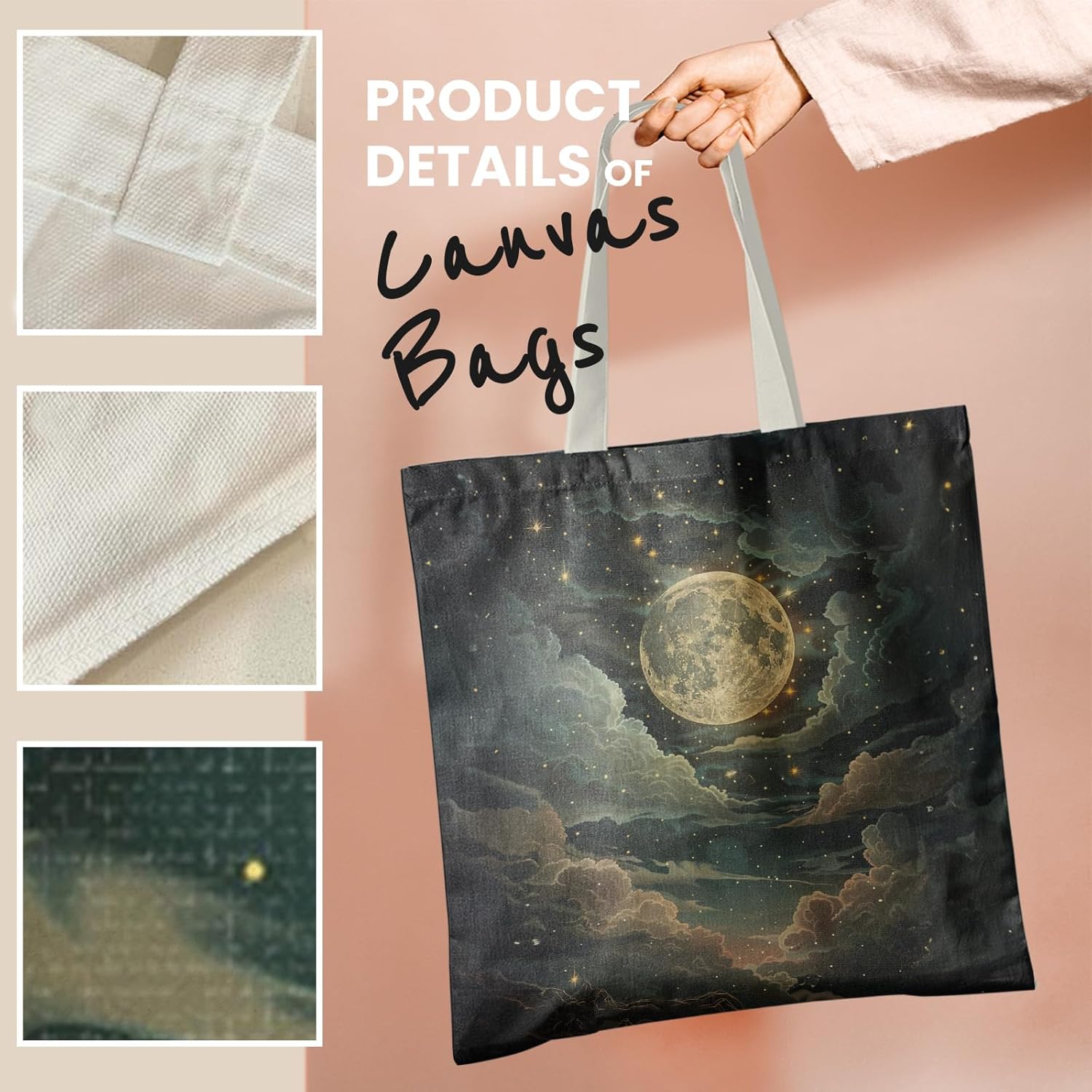 Mystical Celestial Moon and Stars Tote Bag, Enchanting Starry Night Sky Canvas Tote Bags for Women, Dark Academia Tote Bag, Reusable Grocery Bags Shopping Bags - Image 5