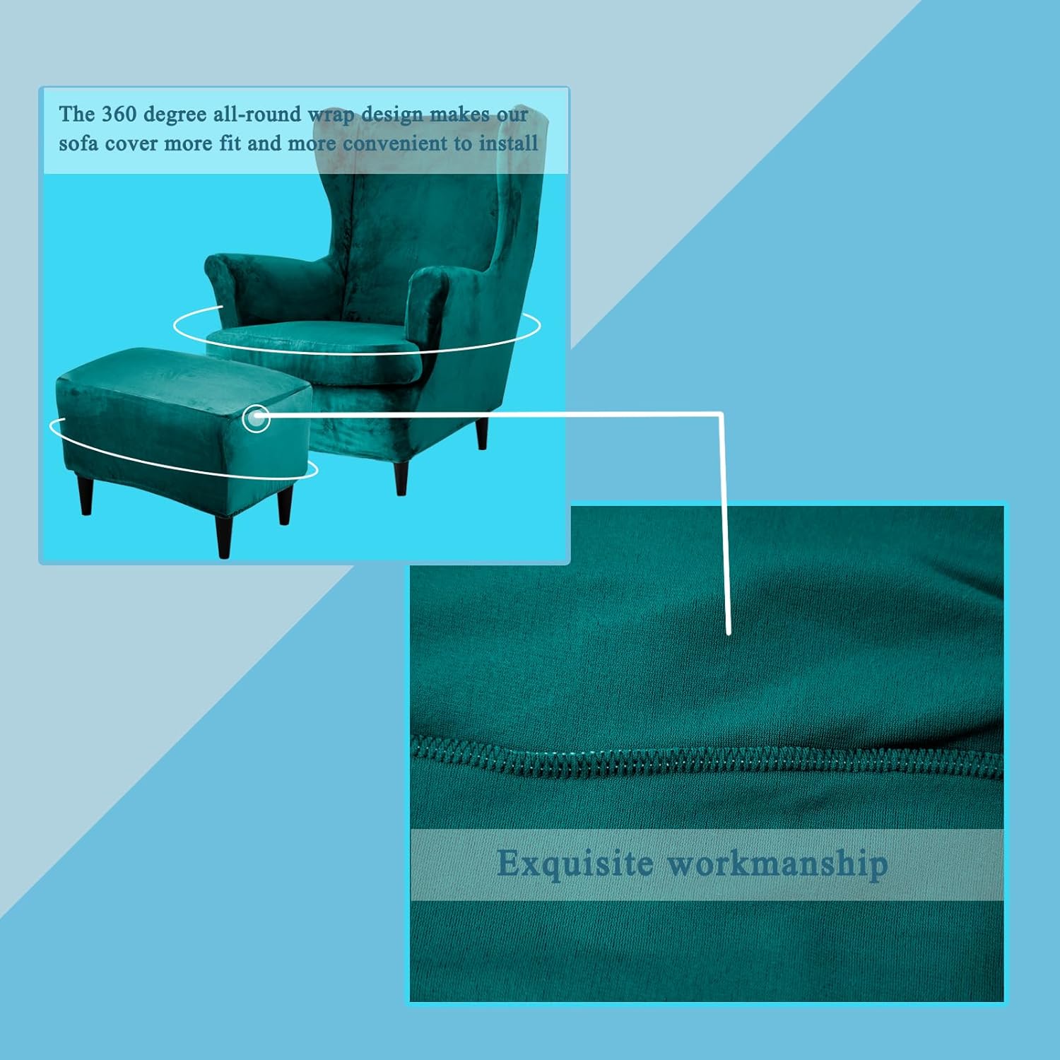 Wingback Chair Covers 2 Piece Set and Ottoman Slipcover, Stretch Velvet Wing Chair Cover Armchair Slipcovers Tiger Chair Cover (Turquoise,Wing Chair &Ottoman)