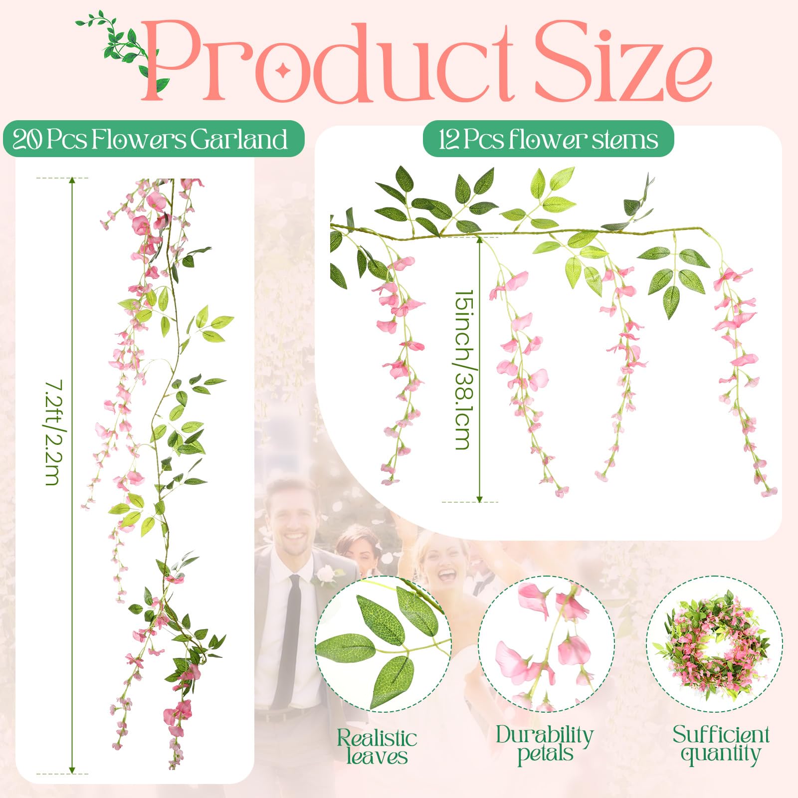 Crowye Künstliche Glyzinien-Girlande, 2,2 m, Seide, hängende Blumenranken, Blumenranken für Wand, Hochzeitsbogen, Party, Hintergrund, Zuhause, 20 Stück
