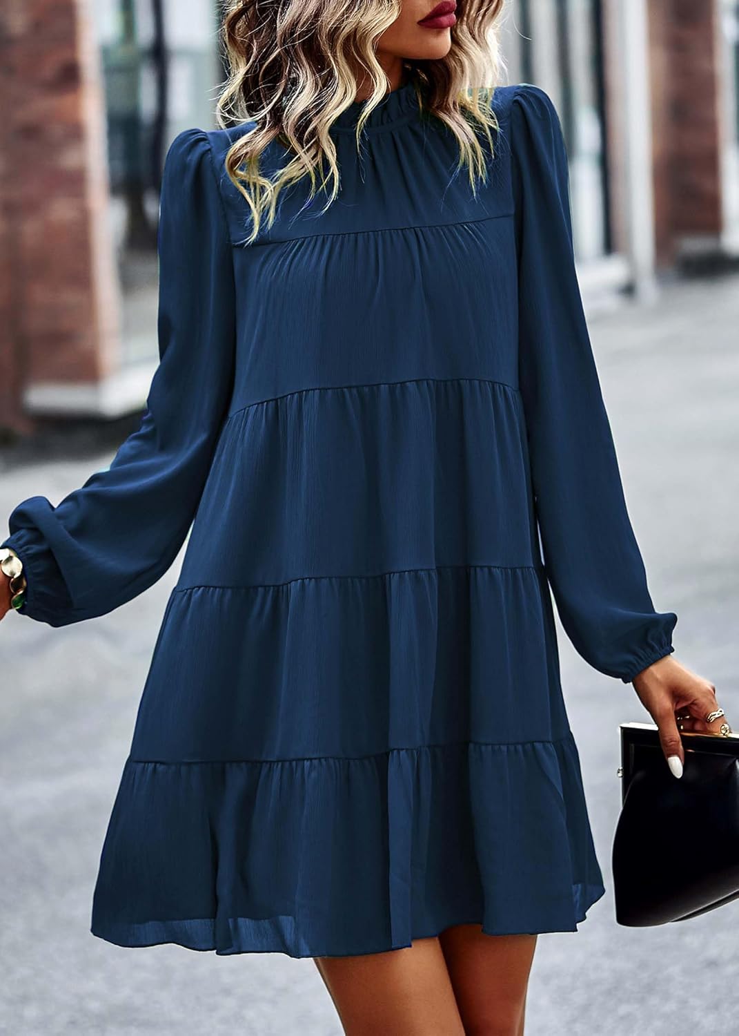 KIRUNDO Long Sleeve Baby Doll Dresses Women 2026 Casual Spring Summer Ruffle Mock Neck Tiered Mini Flowy Swing Shift Dress - Image 3