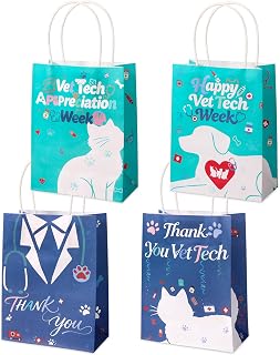 HOWAF 12 Pcs Vet Tech Week Appreciation Gift Bags with Handles, Happy Vet Tech Week Thank You Paper Treat Bags, Veterinary Animal Lover Goodie Bags for Vet Tech Coworker Staff Appreciation Party Supplies