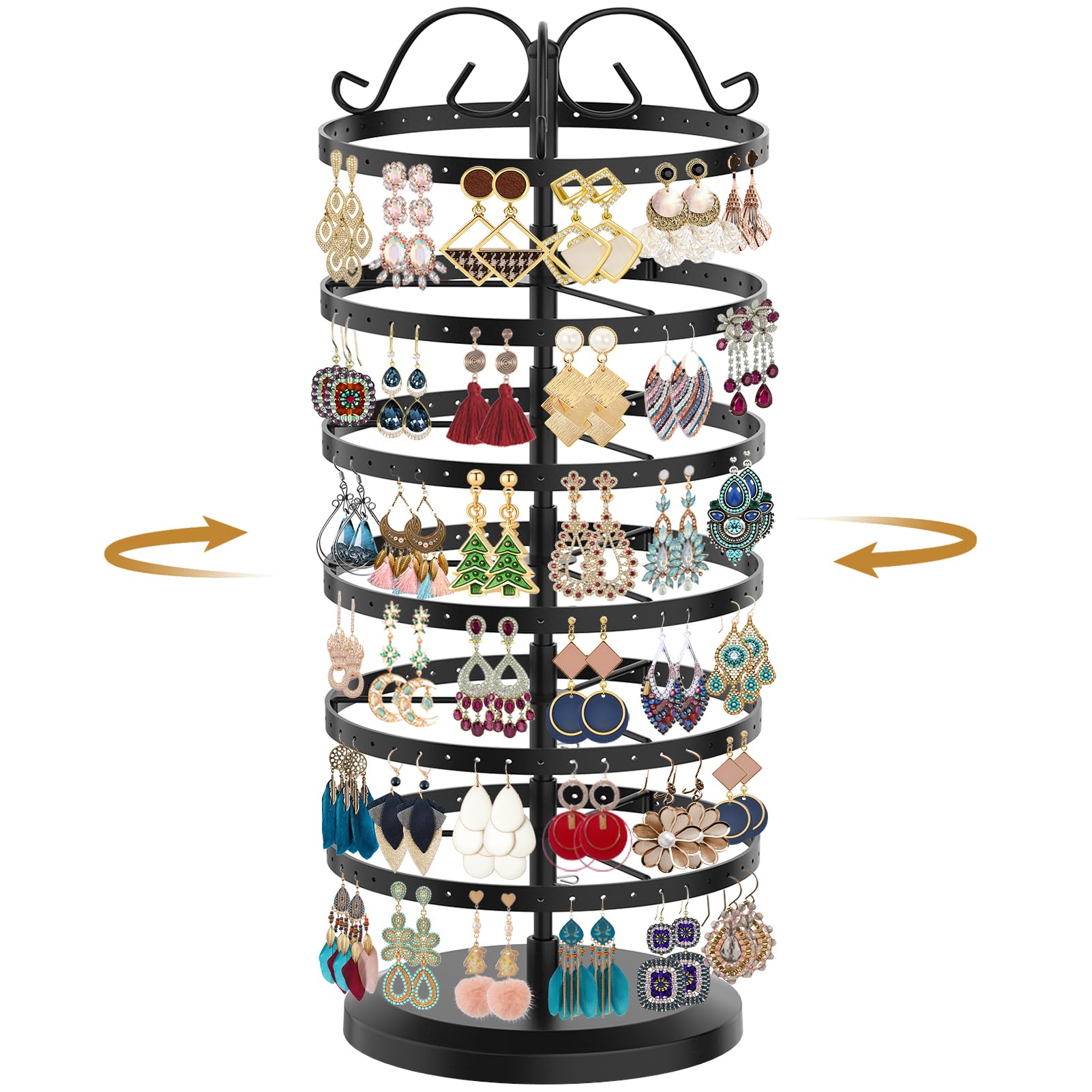 MODOWEY Rotating Earring Holder Organizer Stand, 6 Tiers Metal Tree, Black