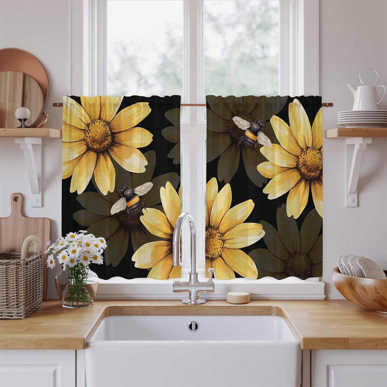 Yellow Sunflower Kitchen Curtains, Summer Bee Black Abstract Botanical Light Filtering Window Curtain Panels, 2Pcs Rod Pocket Window Treatments Set for RV Dining Room Study Room 42x54 Inches