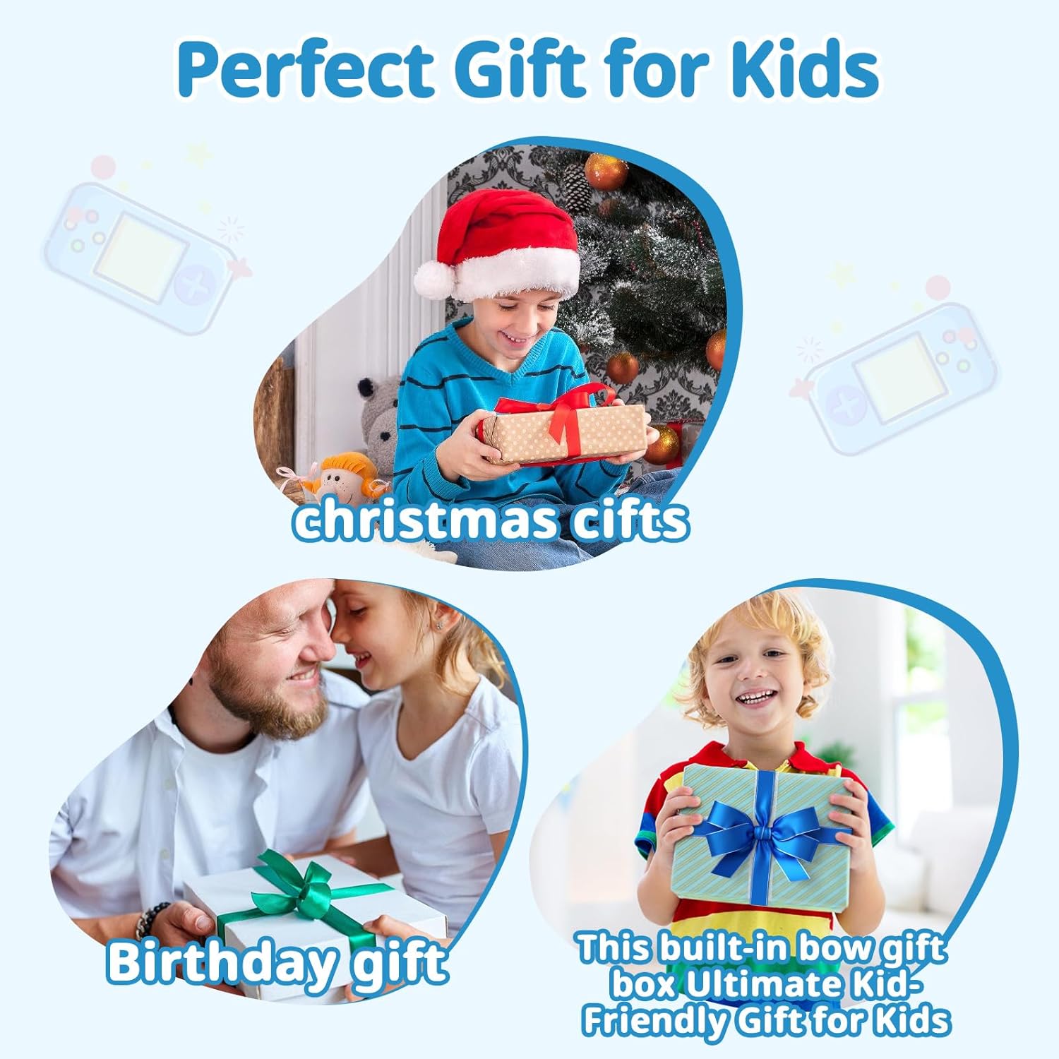 Handheld Game Console,Portable Video Game Console with Retro Games,3.2" Screen,Rechargeable Battery,Built-in Headphones and Built-in Bow Ultimate Kid Christmas Birthday Gift for Kids (Purple + Blue)