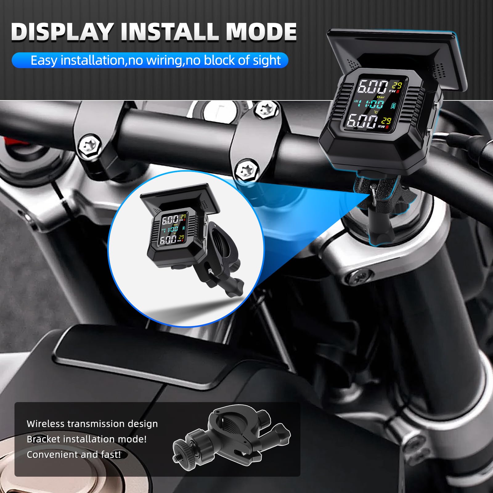 KAOLALI system kontroli ciśnienia w oponach dla motocykli TPMS, bezprzewodowy system TPMS do motocykli z ładowaniem solarnym/USB i wyświetlaczem LCD, z 2 zewnętrznymi wodoodpornymi czujnikami