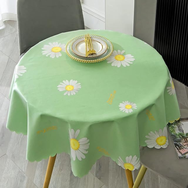 PUDSIRN Daisy Table Cloth, Spring and Summer Flower Tablecloth Green Table Cover, Polyester Fabric Waterproof Stain-Resistant Table Cloth, for Kitchen Party Picnic Indoor Outdoor Use (Round 140 cm)