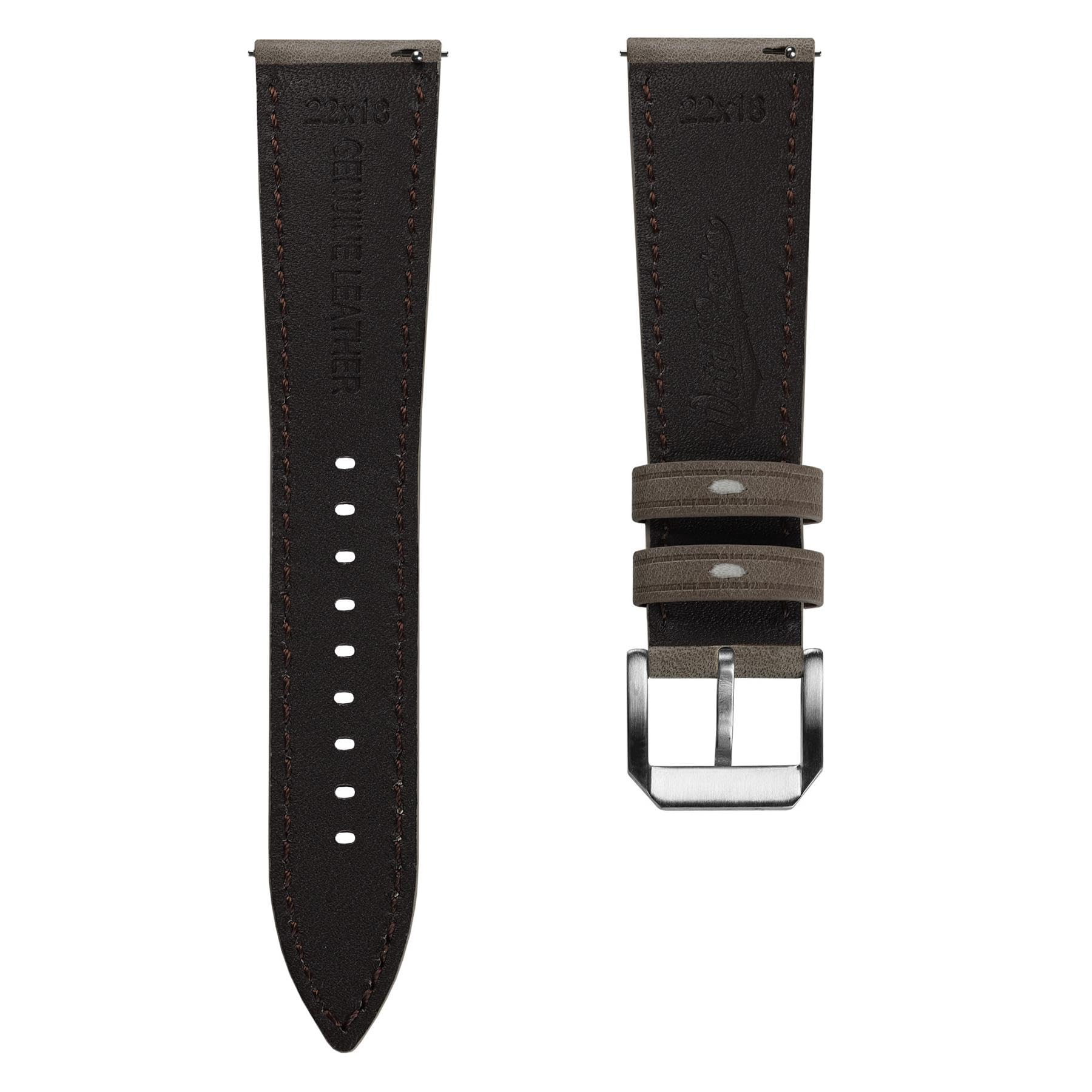 WatchGecko Whitby Heritage Lederarmband aus patiniertem, vollnarbigem Kalbsleder, mit Schnellverschlussfedern. In schwarz, braun, blau und grau. Größen: 20 mm und 22 mm