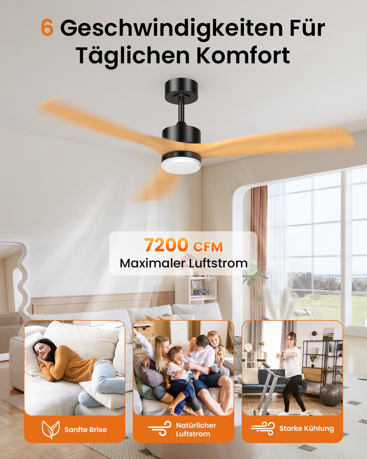Airwit 152cm Holz Deckenventilator mit Beleuchtung, dimmbarem LED-Licht, Fernbedienung, leiser reversibler DC-Motor