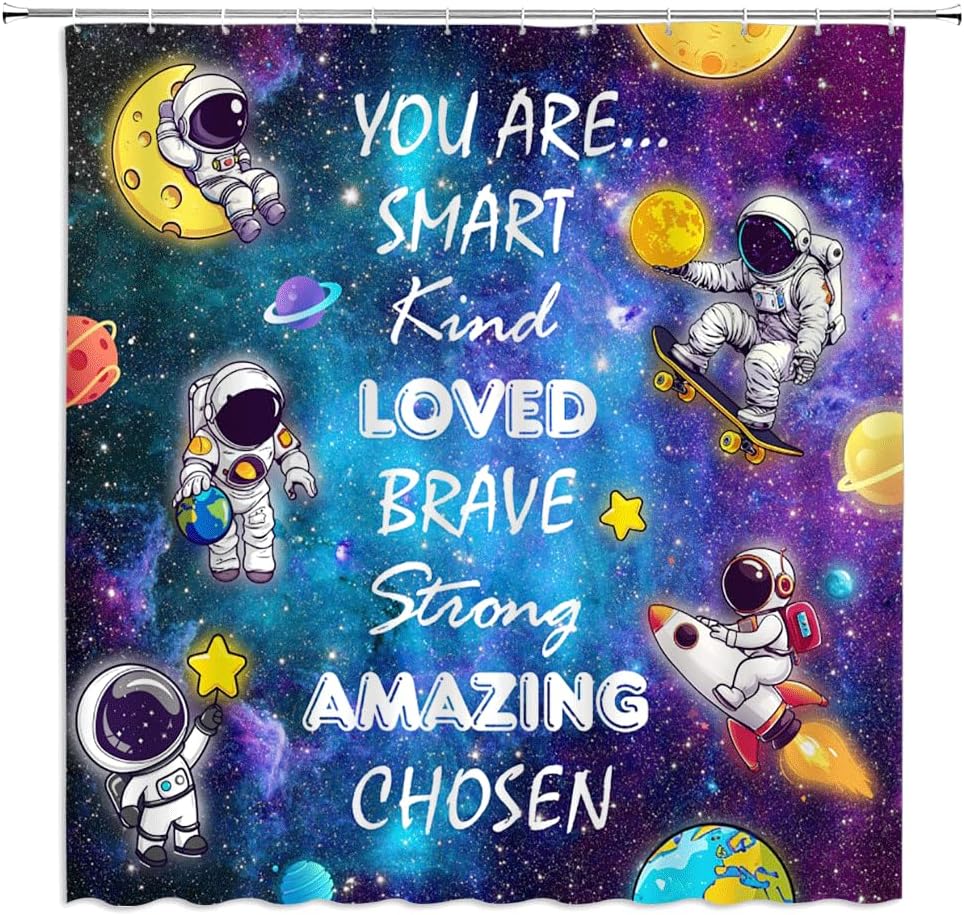 Cute Astronaut Quotes Shower Curtain Funny Cartoon Outer Space Galaxy Inspirational Words Planets Rocket Art Printed Nebula Stars for Boys Girls Fabric Bathroom Decor Curtains with Hooks,82 x 70