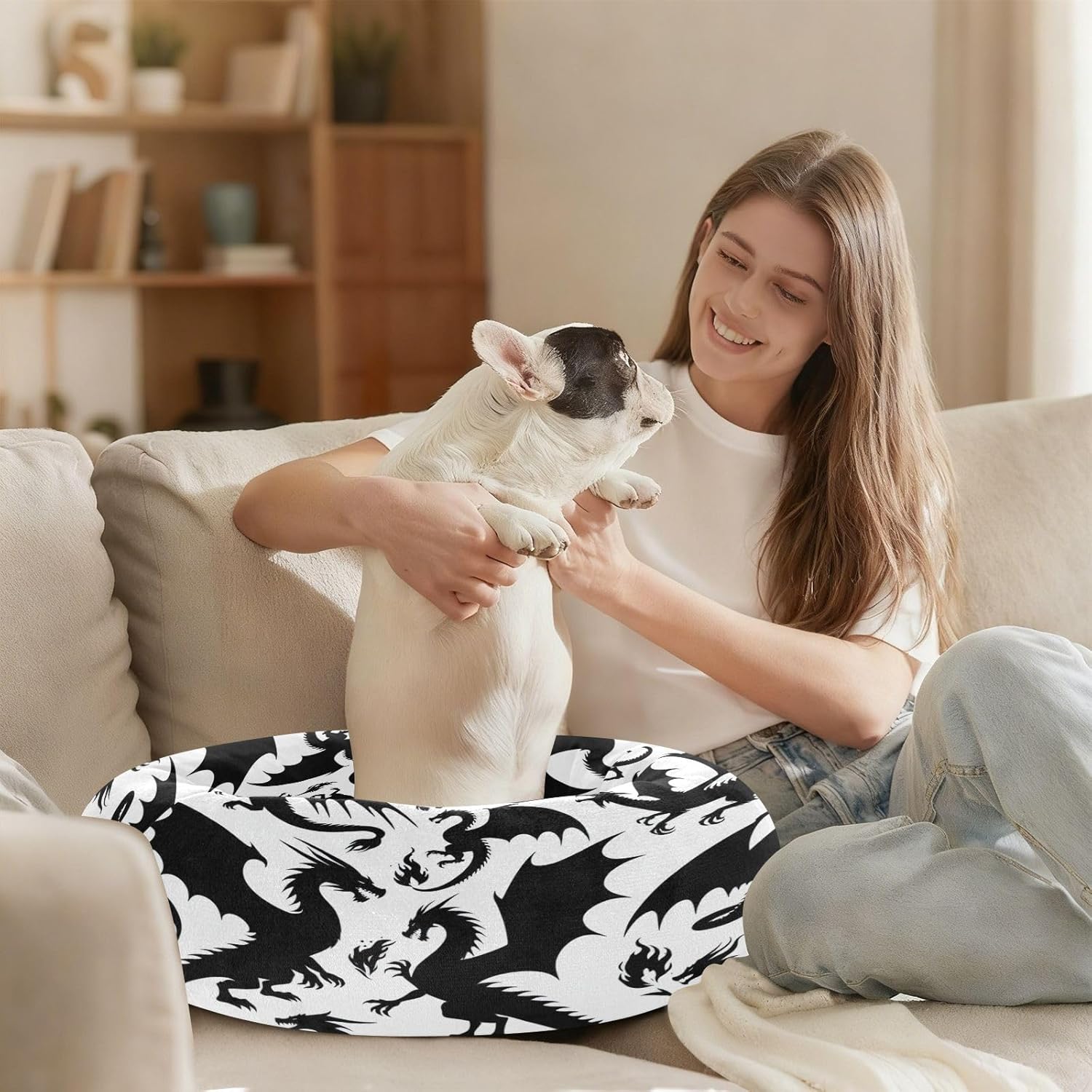 Dog Bed Ultra Soft Fluffy Comfortable Cat Bed, Silhouette Dragon Washable Dog Beds Anti-Slip Round Pet Beds for Medium Dogs