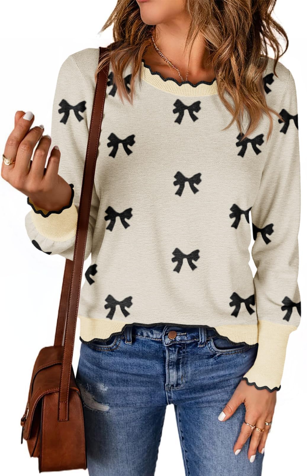 Cicy Bell Womens Crew Neck Long Sleeve Sweater Trendy Casual Scallop Trim Fall Knit Lightweight Pullover Tops