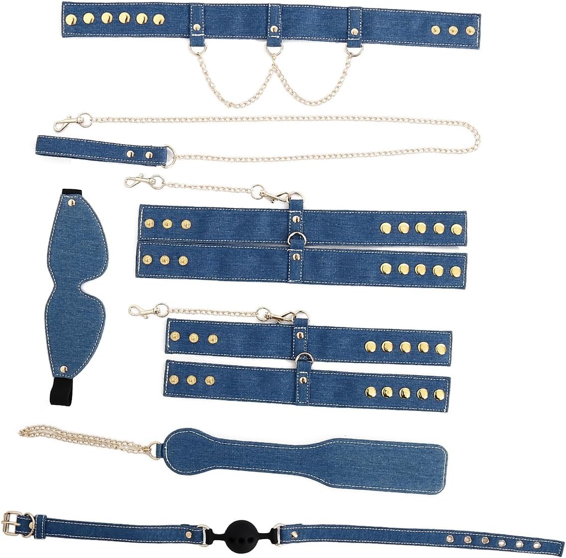 This Set is Designed specifically for Couples and Includes a Variety of Restraints and Toys for BDSM Play. It Features high-Quality Denim Material, Making it an Ideal Set for use in the Bedroom.