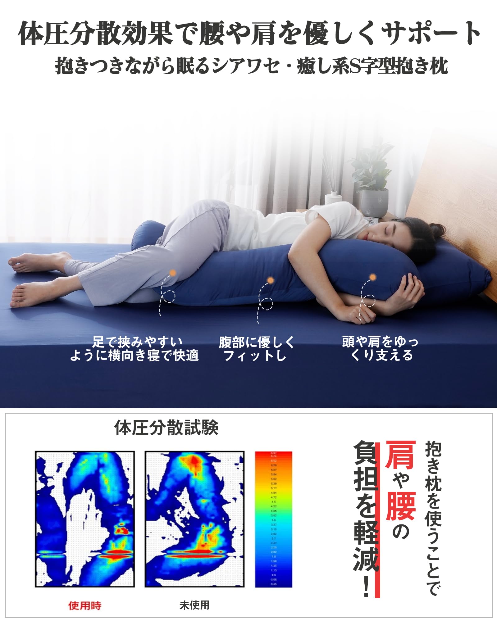 Lazy Sky 抱き枕 ひんやり だきまくら 冷感 S型【業界高Qmax0.527で寝苦しさ解放！】ひんやり抱き枕 接触冷感 抱きまくら れいかん 洗える 帝人抗菌防臭【極上もっちり肌触り 蒸れ防止】腰痛対策 肩・首・腰をサポート 快眠グッズ 吸湿 抗菌防臭 夏 冷感だき枕 冷たい 涼しい （L 32x125cm，ネイビー） - 5