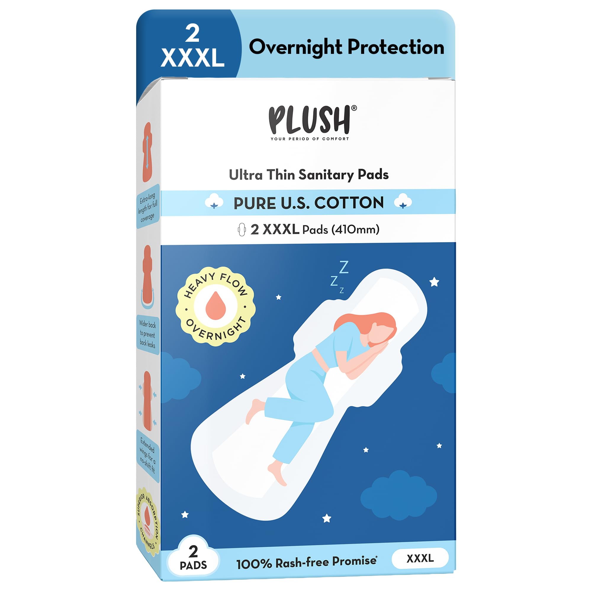 Plush Ultra-Thin XXXL All Night Sanitary Pads For Women (410mm) 2Pcs| Super Absorbent, Heavy Flow & Rash Free | Pure U.S. Cotton Sanitary Napkins With Free Disposable Pouch | Toxin & Fragrance-free-image-18