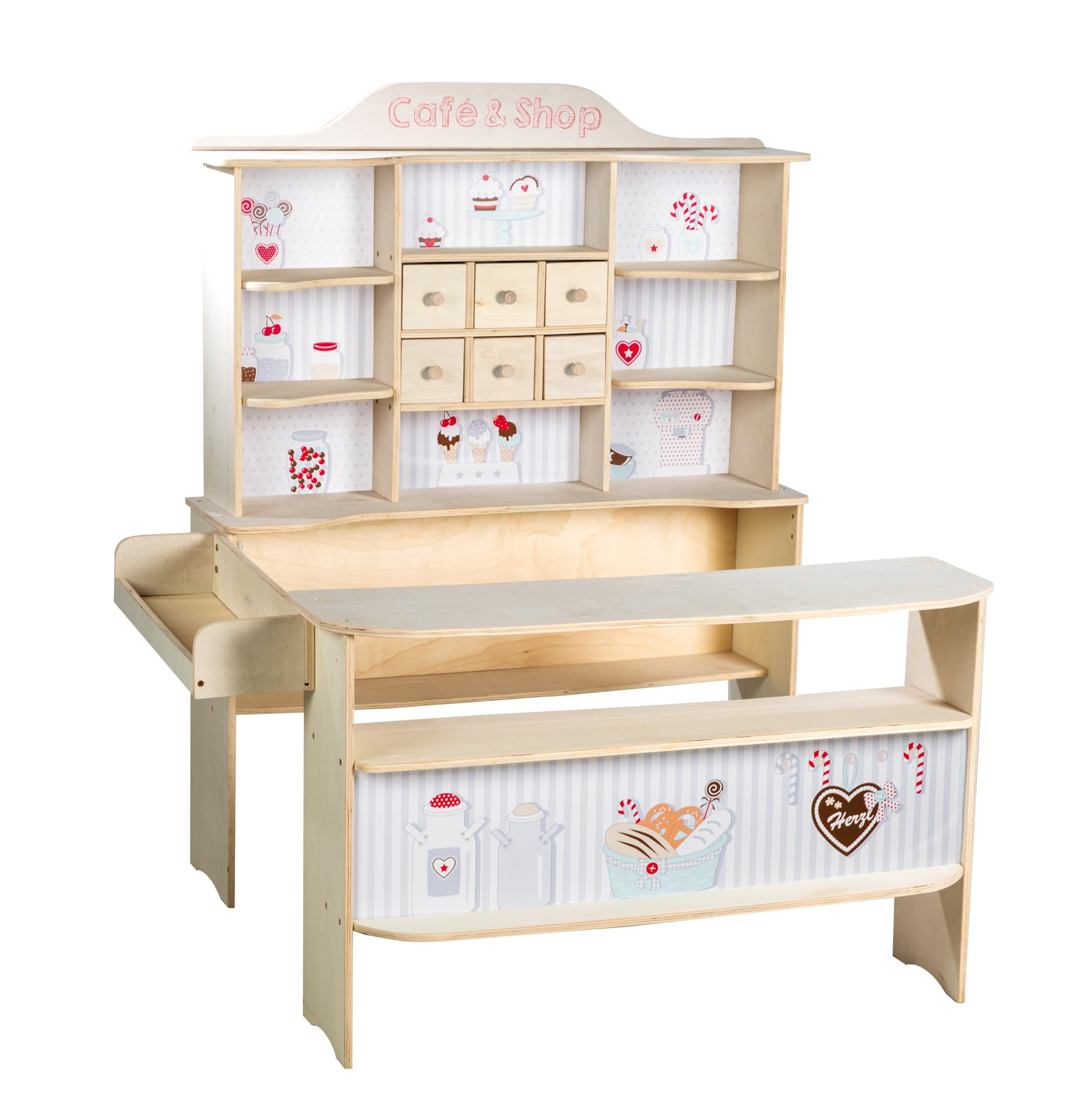 roba Marchande en Bois "Café & Shop" avec plus de 100 Pièces d'Accessoires Incl. Caisse Enregistreuse - Imprimé Glace