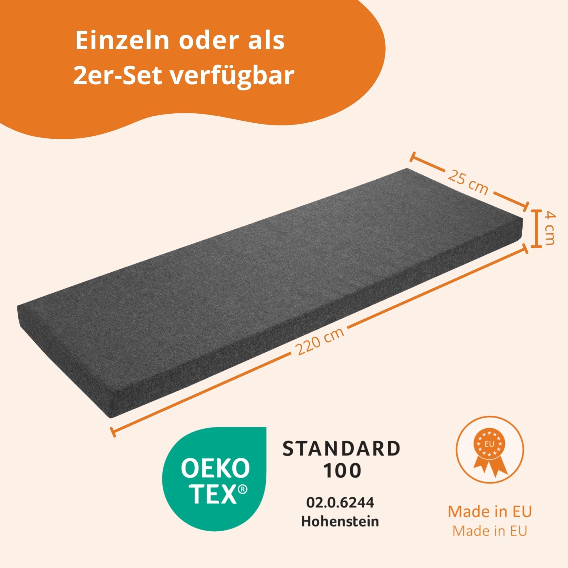 sleepling 2er Set Bierbankauflagen mit Bezug 220 x 25 x 4 cm, extra Dicke Auflage für gängige Bänke und Bierzeltgarnituren, dunkelgrau
