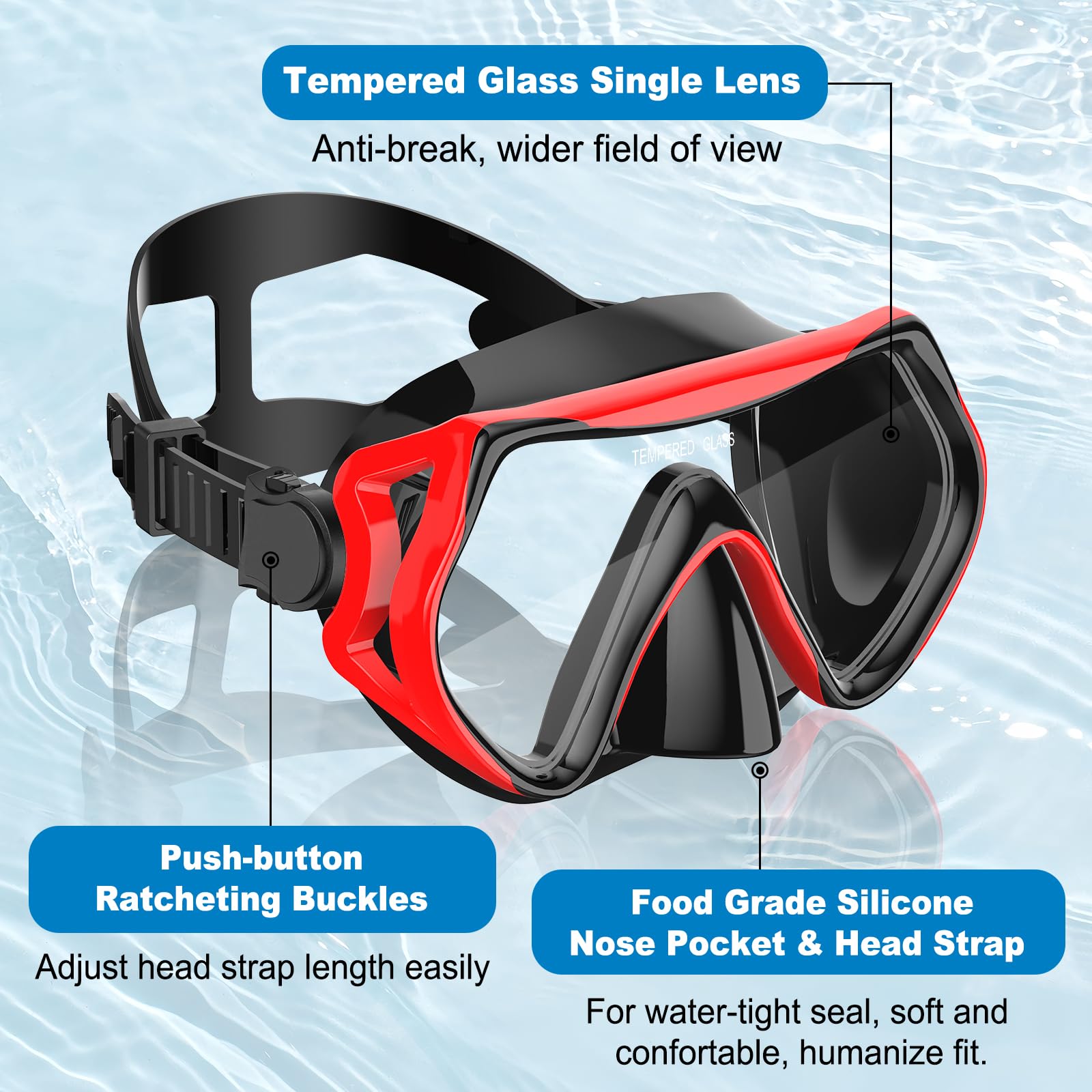 Schnorchelausrüstung für Erwachsene, Schnorchel-Set, Tauchmaske, Dry-Top, Schwimmbrille für Erwachsene mit Nasenabdeckung, HD-gehärtetes Glas, Panorama-Anti-Leck, Anti-Fog (Dunkelrot)