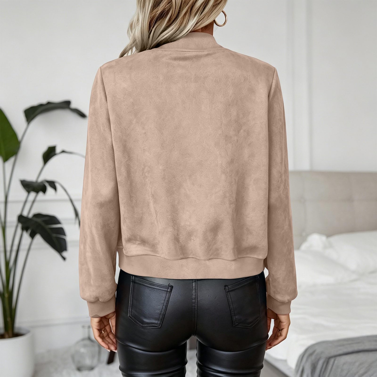 Generisch Übergangsjacke Damen Elegant Bomberjacke Leicht Sommer Wildlederimitat Jacke Freizeit Mode Frühlingsjacke Kurze Ohne Hut Blouson Retro Einfarbig Atmungsaktive Komfort Jacket