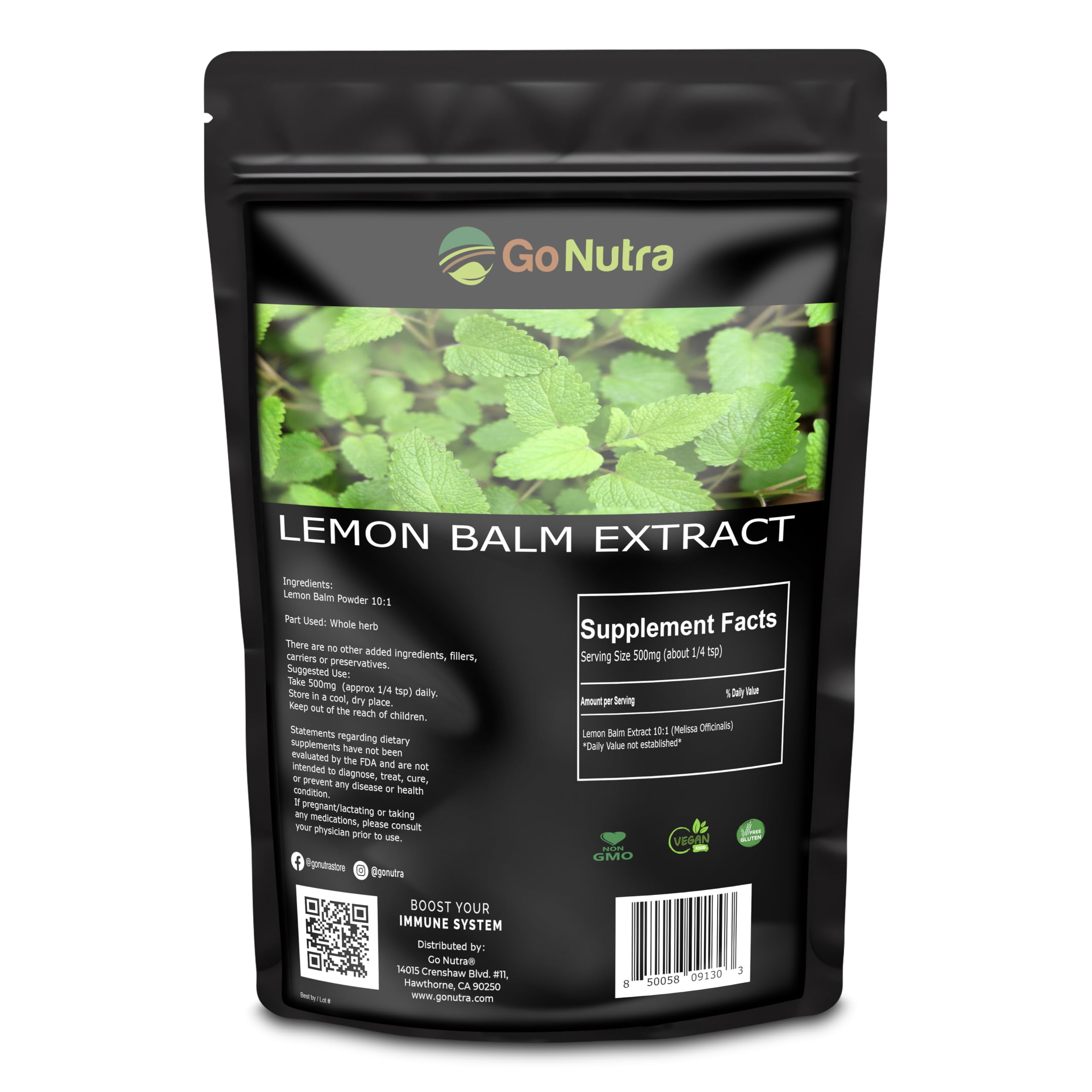 Go Nutra Lemon Balm Extract Powder | Melissa Officinalis Herb | Pure 10:1 Strength | Lemon Balm Powder with No Additives, Non-GMO, Gluten Free & Vegan | 8 Ounce