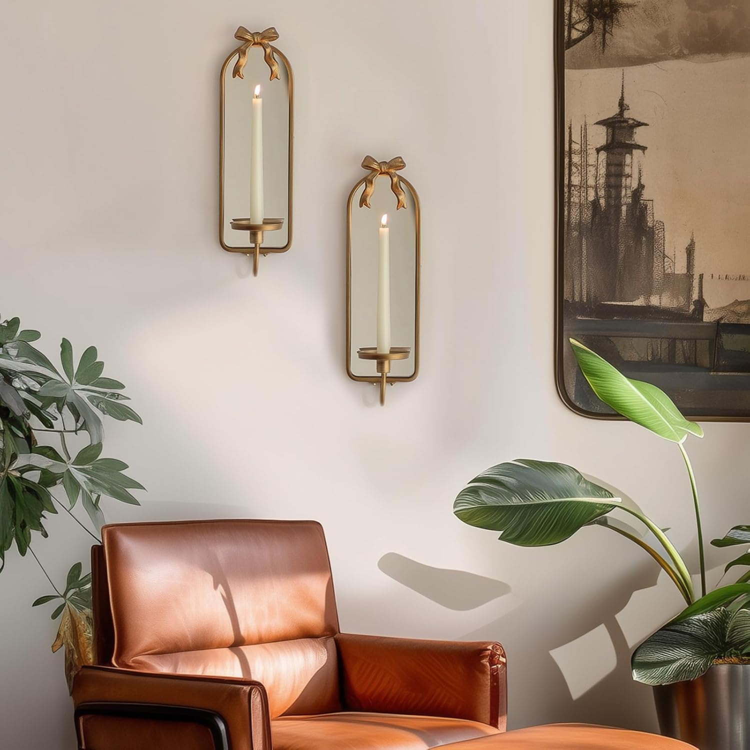 Gold Candle Sconces Wall Decor: Modern Decorative Wall Candle Holder Set of Two for Bedroom - Vintage French Metal Mirror Candle Sconces Beside Fireplace TV