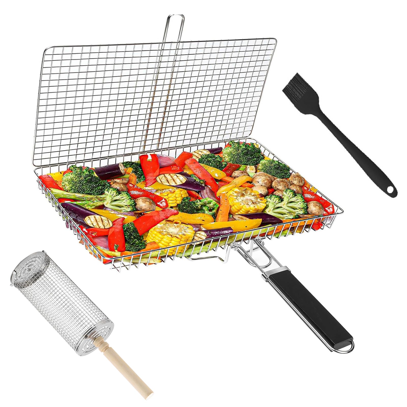 Juego de Cestas para Parrilla, Set de Cesta de Parrilla Rodadiza en Acero Inoxidable Rejilla Barbacoa con Asa Extraíble Accesorios Barbacoa para Verduras y Camarones Hombre Padre
