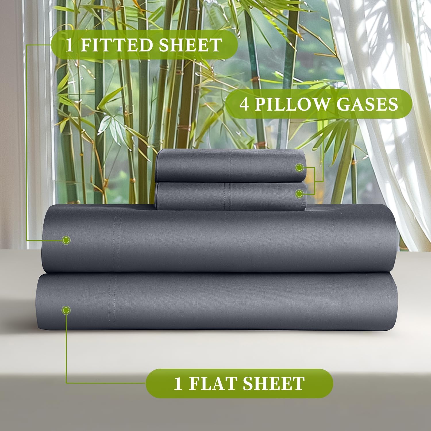 Shilucheng 100% Viscose Derived from Bamboo_ Sheets King Size 6pcs - Ultra Cooling & Silky Soft Bed Sheets, 16" Deep Pocket, Perfect for Hot Sleepers, Hotel Bedding Sheets (Dark Grey) - Image 6