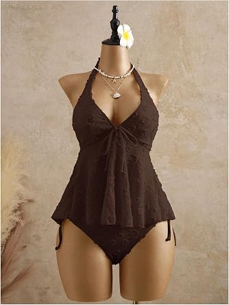 Verdusa Women's 2 Piece Halter Tankini Set Textured Babydoll Tops with Panty Swimsuits
