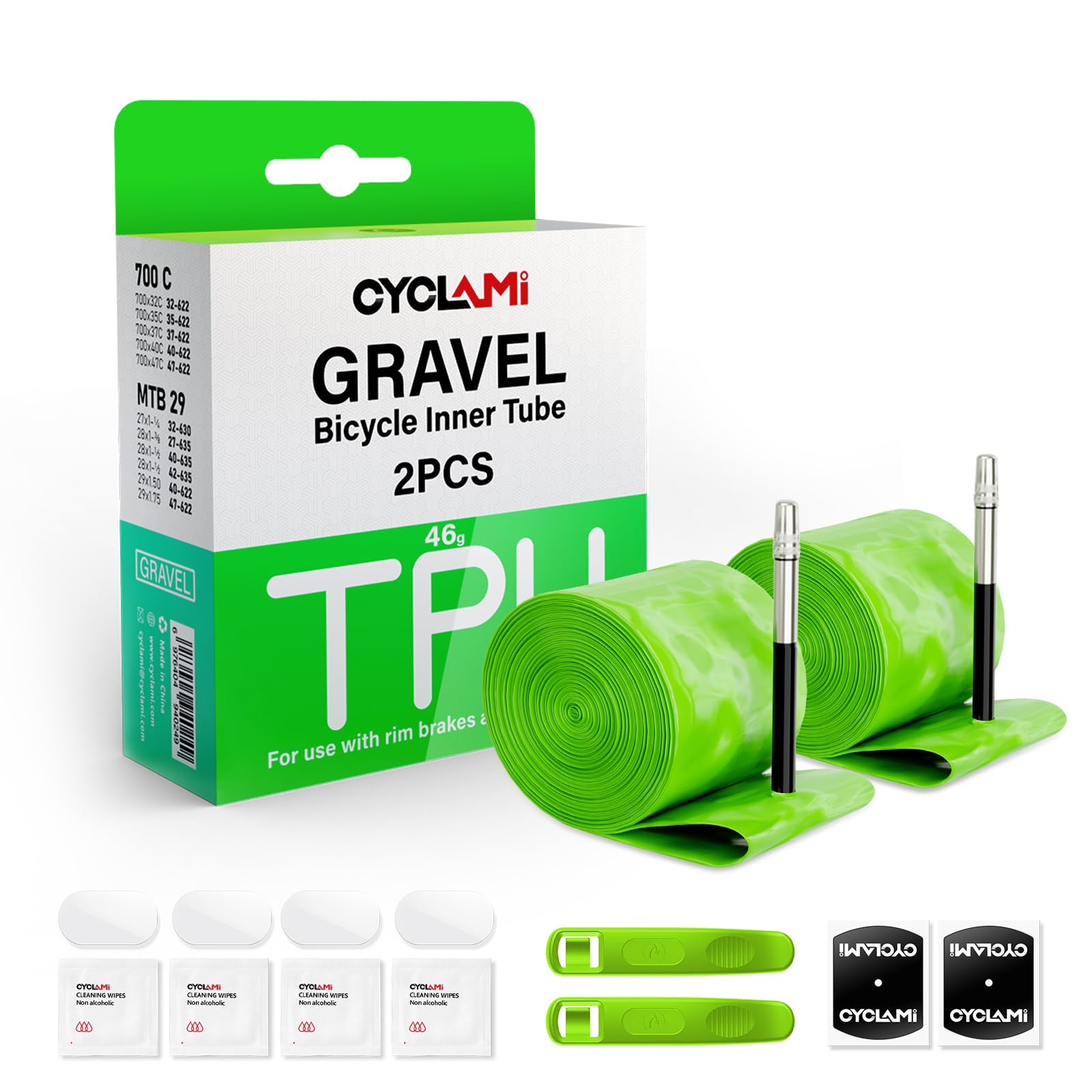 2-Pack CYCLAMI 700C x 32-47C (ALLRoad & Gravel) / MTB29 / 27.5 inch x 1.9-2.5 TPU Inner Tubes with 45mm/65mm Presta Valves Lightweight (Include Bike