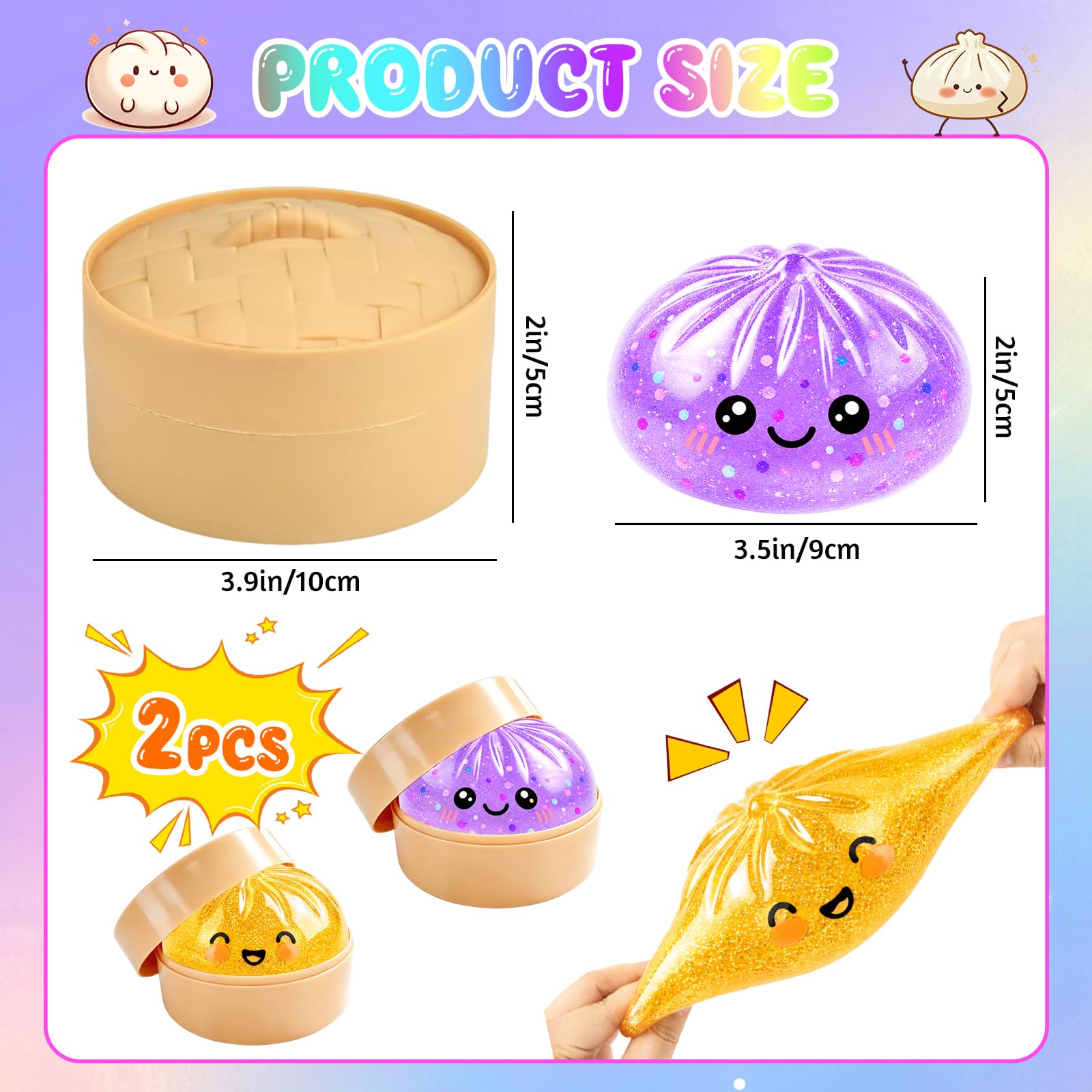 Glitter Dumpling Squishy con Cestelli per Vapore ,Mochi Squishy Antistress Con espressioni carine ,Squishys Toy Kawaii a Forma di Raviolo Squishys ,Squeeze Toy Sensoriale per Bambini e Adulti