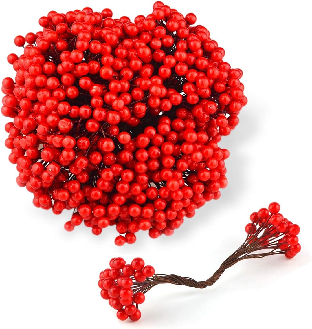 JEDFORE Artificial Berries Stamens Holly Berries on Wire Stems for Christmas Tree Home Wedding Party Decor DIY Craft Ornaments - Red, 250 Stems, 500 Counts