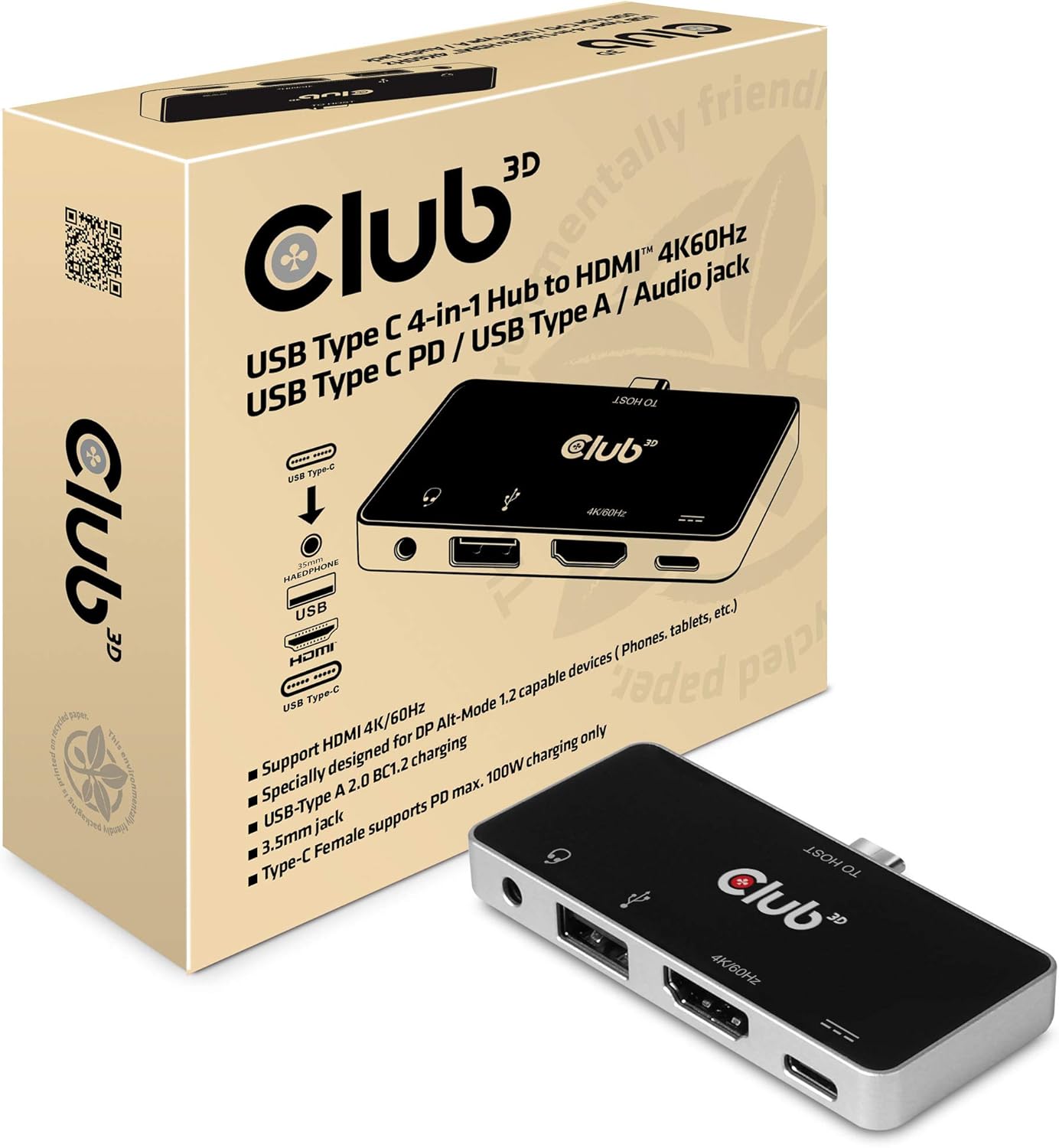 Club 3D USB Typ C 4-in-1 Hub auf HDMI™ 4K60Hz USB Typ C PD/USB Typ A/Audio Buchse