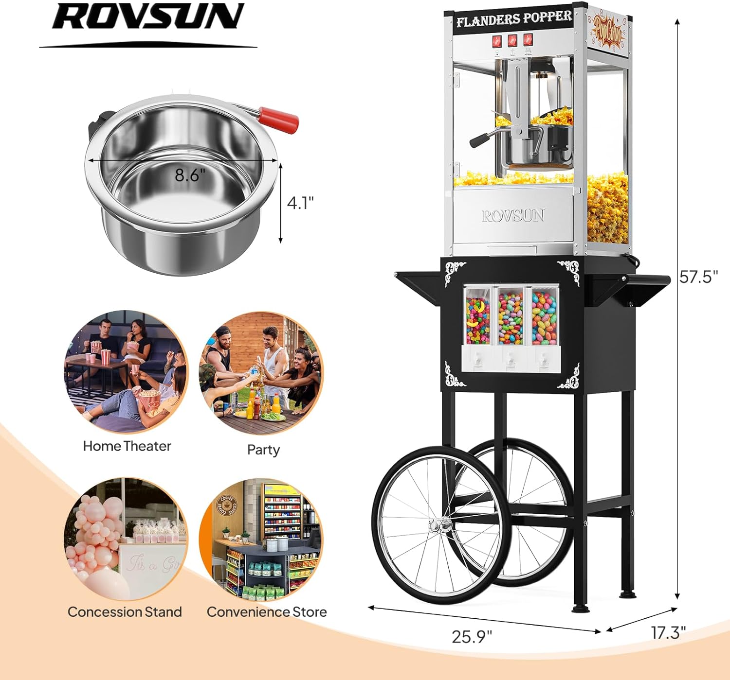 Bonnlo Popcorn Machine Cart with 10 Oz Kettle Makes Up to 40 Cups and Warming Light, Movie Theater Style Popcorn Maker with Candy Dispenser, Stainless Steel, Black