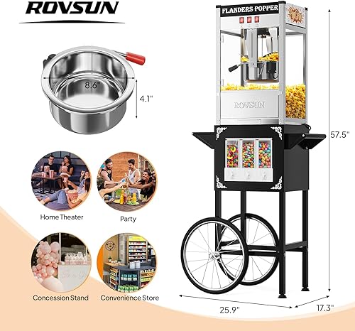 Miniatura 7 de Bonnlo Carrito de máquina de palomitas de maíz con hervidor de 10 onzas que hace hasta 40 tazas y luz de calentamiento, máquina de palomitas de maíz