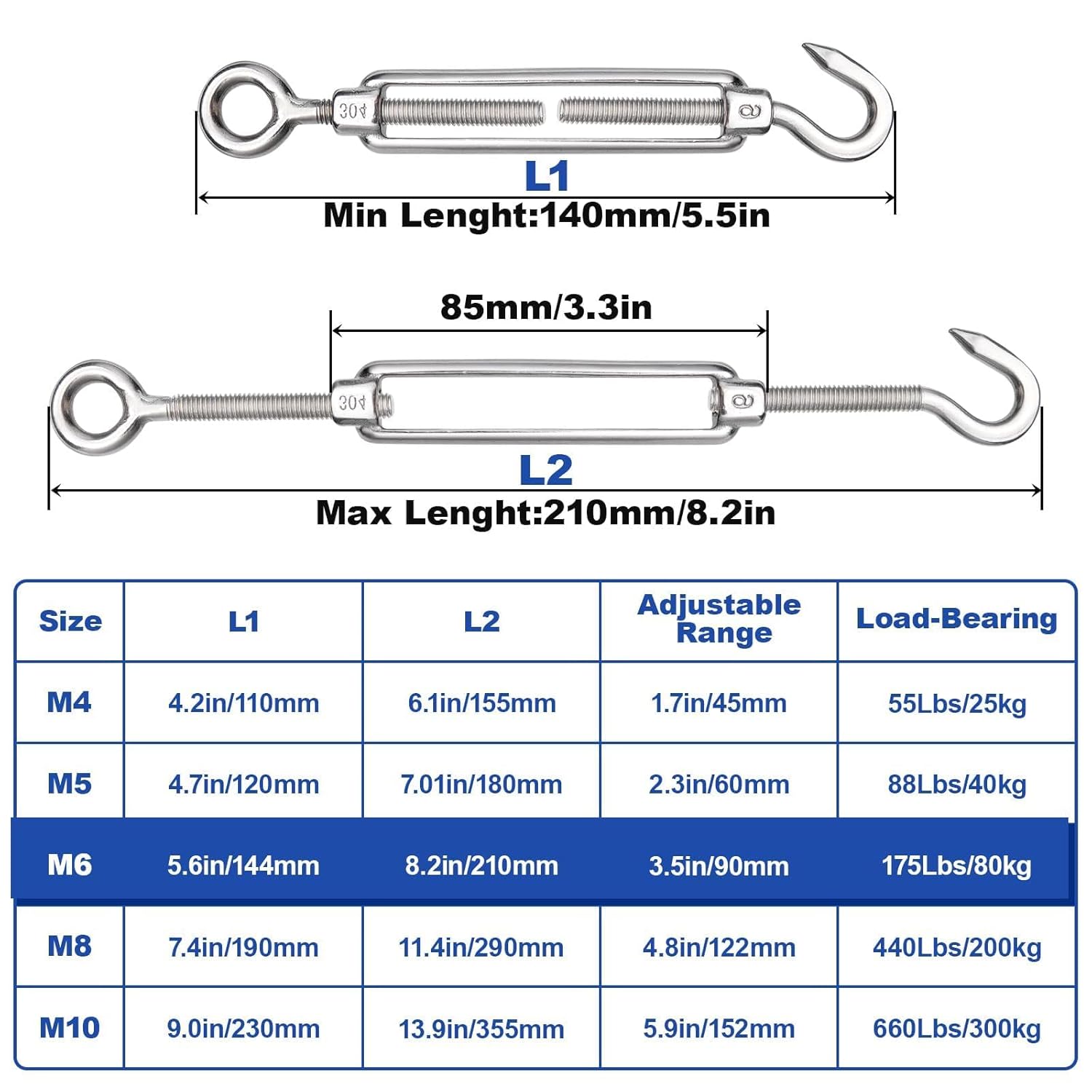 TooTaci 10PCS M6 Turnbuckle 304 Stainless Steel Turnbuckle Hook and Eye, Heavy Duty M6 M8 M10 Tensioner Adjustable Shade Sail Hardware for Cables Wire 3/16" 1/4" 5/16" /3/8", Railing, Clothesline - Image 3