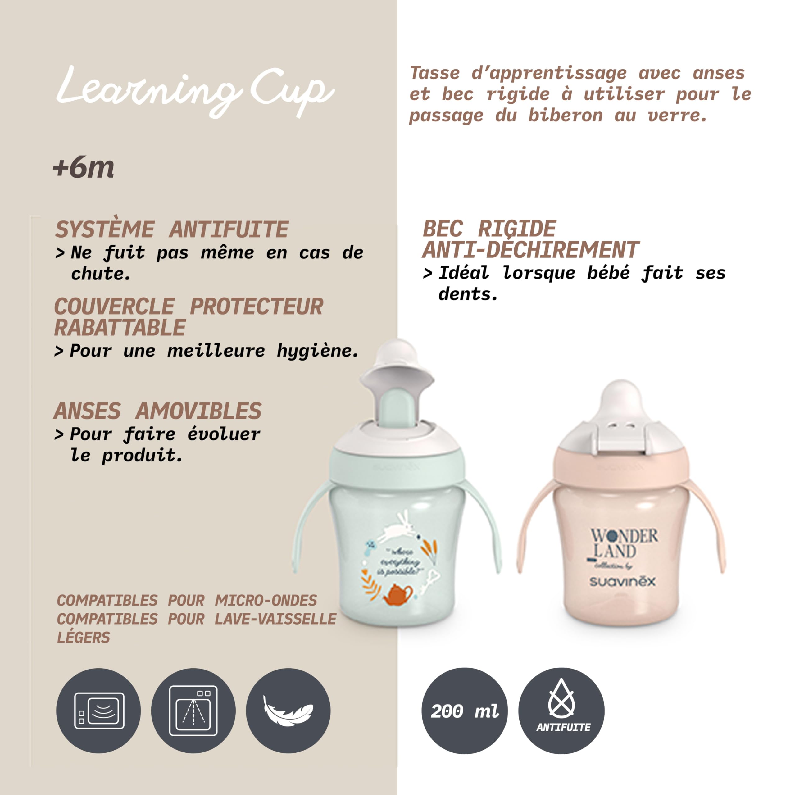Suavinex, Tasse d'Apprentissage avec Bec Rigide. Gobelet Bébé Anti Fuite avec Couvercle Rabattable et Anses. Passe au Lave-Vaisselle. Trainer Cup 200 ml. Verre Bébé et Enfats +6 Mois. Wonderland Rose