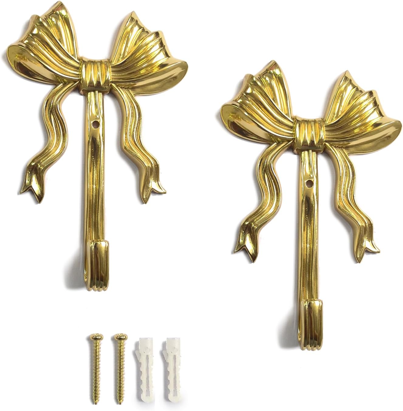 XINRUI 2 Pcs Brass Bow Wall Hooks, Gold Decorative Hanger for Towels Coats Keys, Heavy Duty Hardware for Entryway Bathroom Kitchen Living Room, Mounted Design(Large)