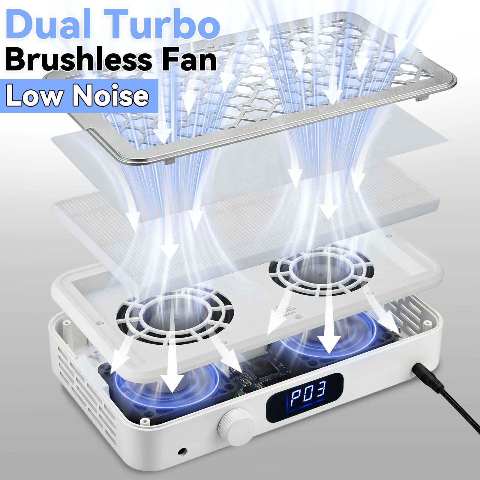 Collecteur de poussière professionnel pour ongles | Dual Turbo Low Noise | 1600PA Nail Tech | 30 papiers filtres + 1 filtre HEPA réutilisable | 5 niveaux de vitesse | pour ongles en acrylique, salon