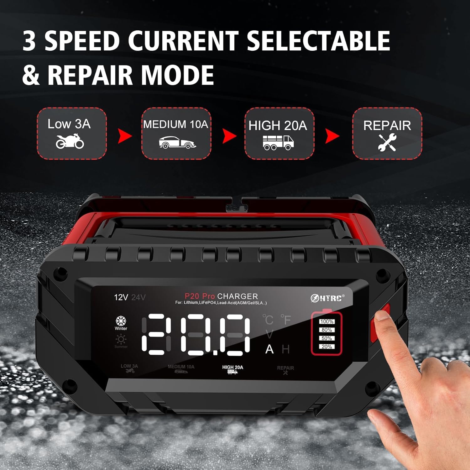 Haisito 12V/24V cargador de batería rápido inteligente, 20A, LiFePO4 de litio y ácido de plomo (AGM/Gel/SLA) para automóviles, barcos, motocicletas, entrada de 240V