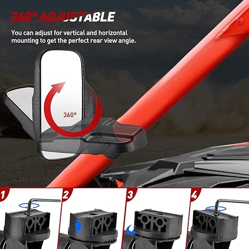 Miniatura 6 de Frokom Espejos laterales UTV, espejos retrovisores universales para jaula antivuelco de 1.6 a 2 pulgadas, Polaris Ranger RZR, Pioneer Can Am