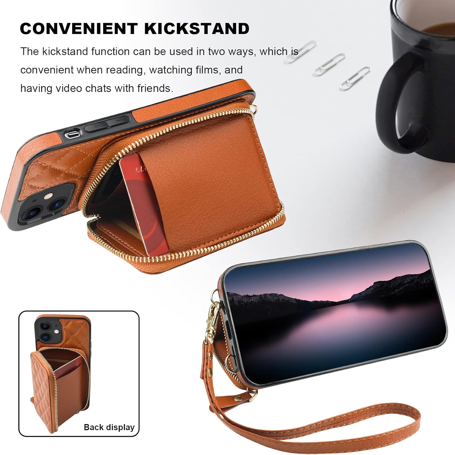 Bocasal Crossbody Wallet Case for iPhone 12/12 Pro, RFID Blocking PU Leather Zipper Handbag Purse Flip Cover, Kickstand Folio Case with Card Slots Holder Wrist Strap Lanyard 5G 6.1 Inch (Brown)
